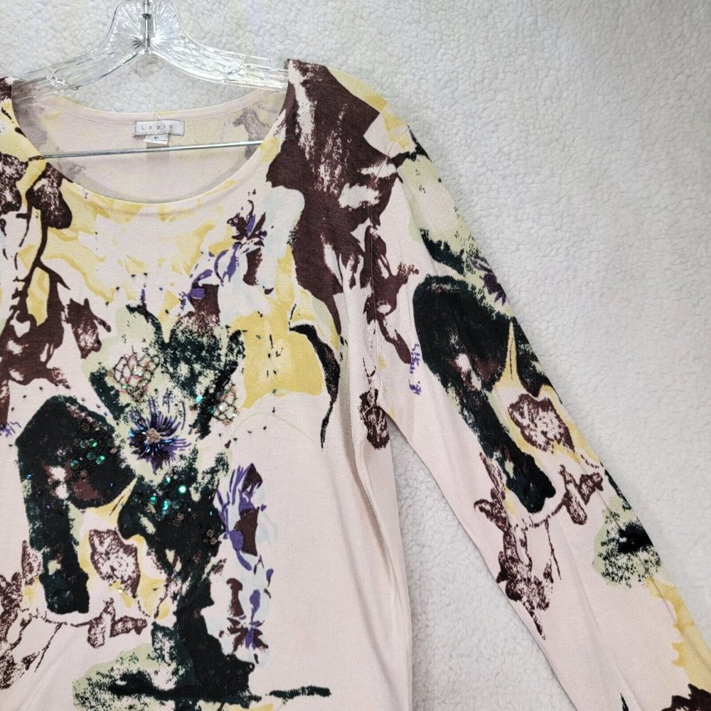 Lapis Beige Abstract Floral Sequin Knit Long Sleeve Round Neck Top Blouse - Picture 3 of 12